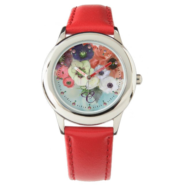 WHITE RED ROSES,BLUE ANEMONE FLOWERS MONOGRAM WATCH (Front)