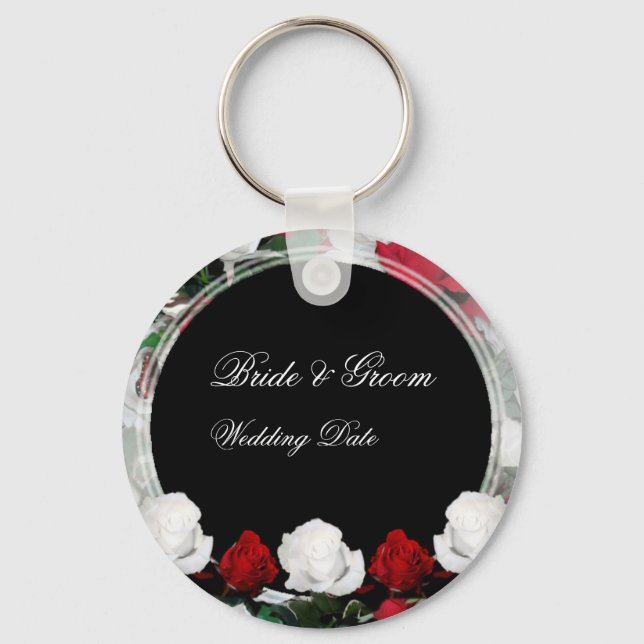 White & Red Roses Bride & Groom Wedding Favour 1 Key Ring (Front)