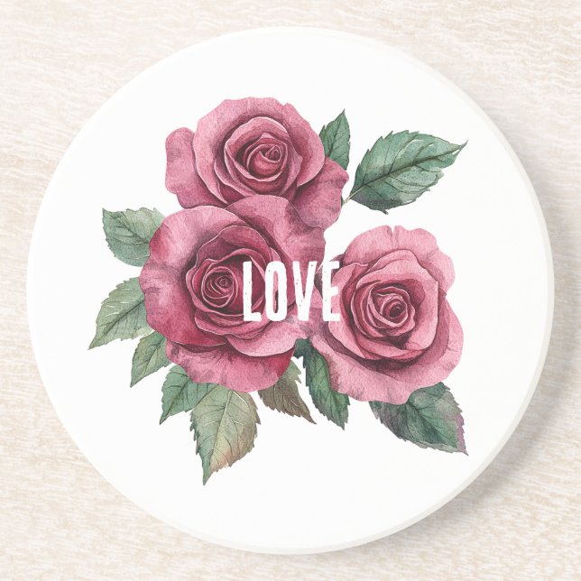 White Red Roses Floral Love Coaster (Front)