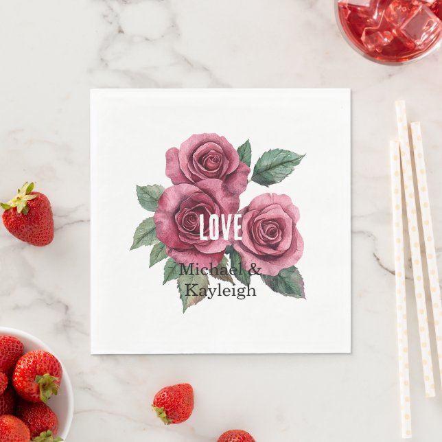 White Red Roses Floral Love Wedding Napkin (Insitu)