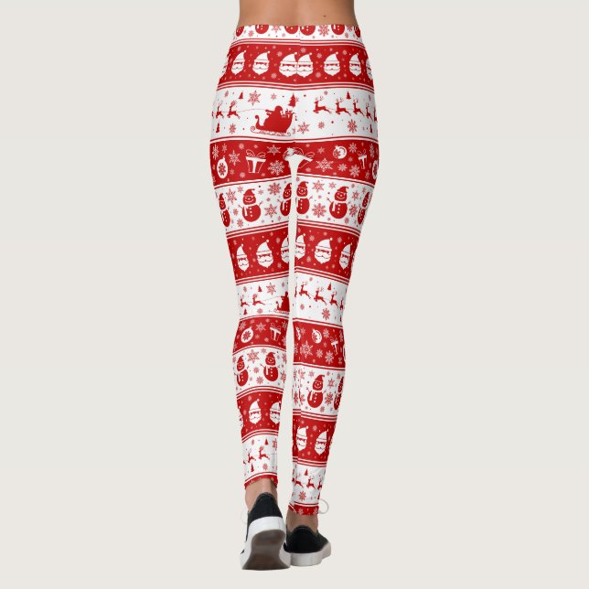 White & Red Santa Face and Snowman Pattern Full Leggings (Back)