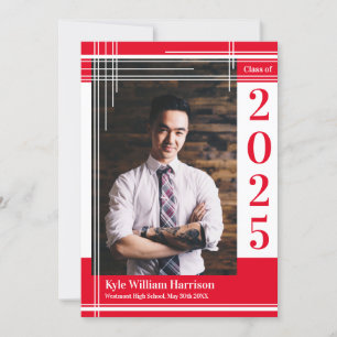 White Red School Colour Graduation Photo Plaid Invitation