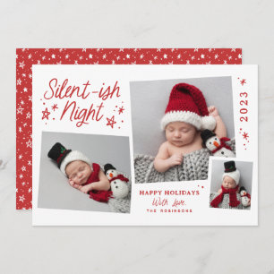 White Red Script Silent-ish Night 3 Photo Collage Holiday Card