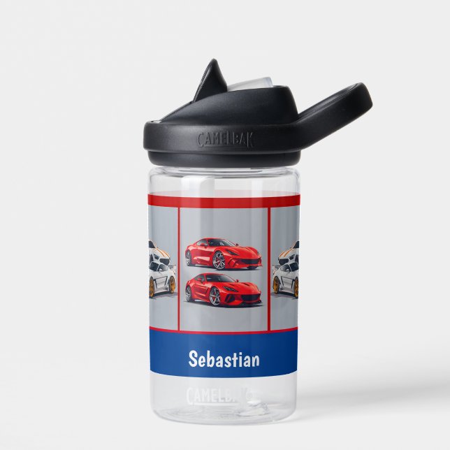 White & Red Sporty Sports Cars Enthusiasts Water Bottle (Left)