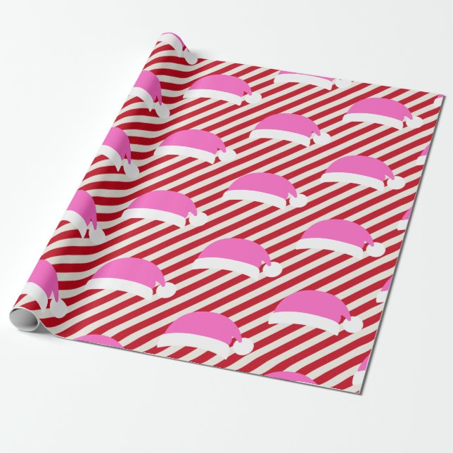 White Red Striped Christmas Pink Santa Hat Wrapping Paper (Unrolled)