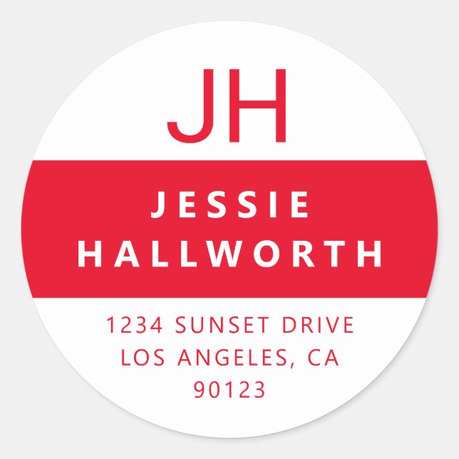 White & Red Stylish Modern Monogram Classic Round Sticker (Front)
