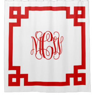 White Red Vine Monogram DIY BG & Greek Key Frame Shower Curtain