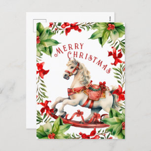 White Red Vintage Rocking Horse Christmas Postcard