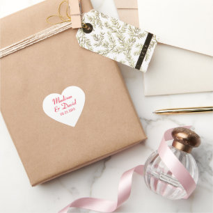 White Red Wedding Couple Names Date Heart Sticker