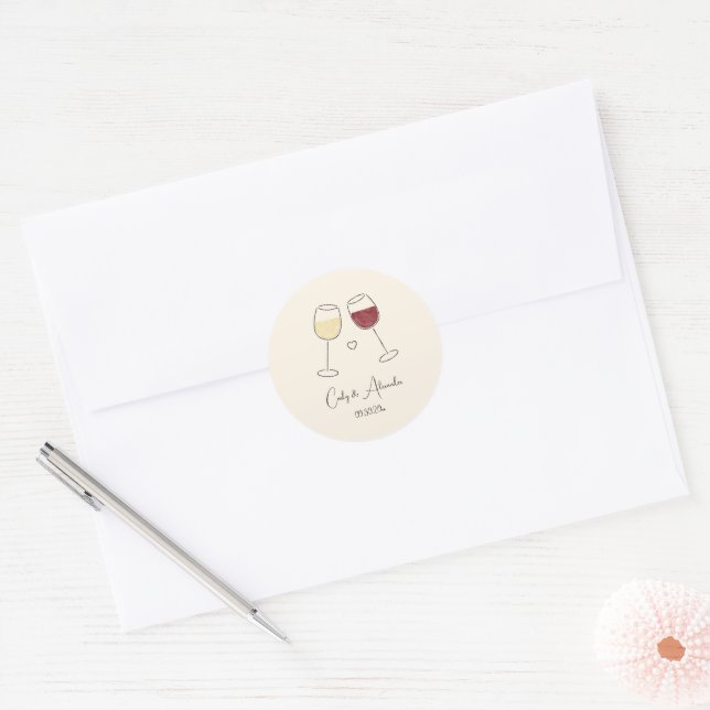 White Red Wine Glass Wedding Favour Envelope Classic Round Sticker (Envelope)