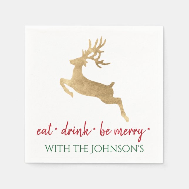 White Reen Eat Drink Be Merry Red Gold Reinadeer Napkin (Front)