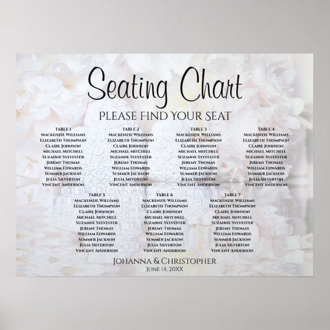 White Reflections 7 Table Wedding Seating Chart (Front)