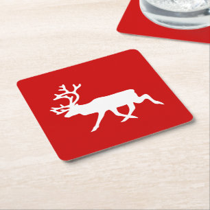 White Reindeer / Caribou Silhouette Square Paper Coaster