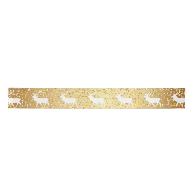 White Reindeer Gold Sparkle Holiday Satin Ribbon (Front)