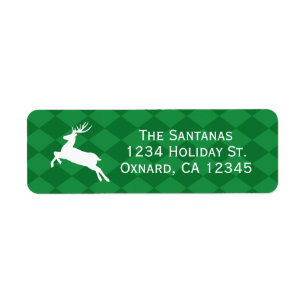 White Reindeer on Green Diamond Pattern Return Address Label