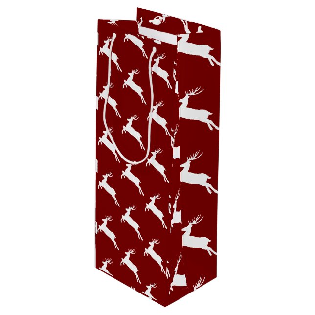 White Reindeer On Red Pattern Wine Gift Bag (Front Angled)