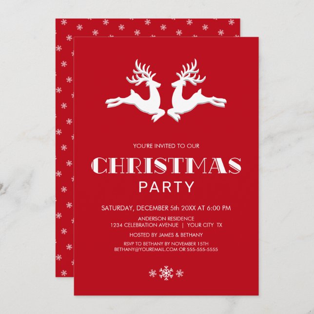 White Reindeer Red Christmas Party Invitation (Front/Back)