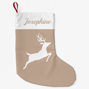 White Reindeer Silhouette On Beige And Custom Name Small Christmas Stocking