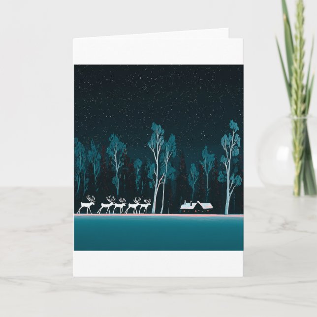 White Reindeer, Snowy Cabin, Moonlit Night Holiday Card (Front)