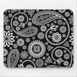 White Retro Floral Design On Black Mouse Pad