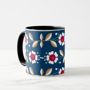 White retro flowers on a dark blue background Mug