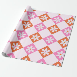 White Retro Flowers on Orange and Pink Diamonds Wrapping Paper