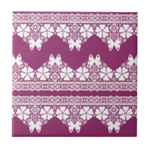 White Retro Lace butterflies Burgundy Ceramic Tile