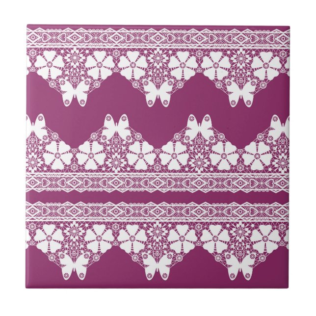 White Retro Lace  butterflies Burgundy Ceramic Tile (Front)
