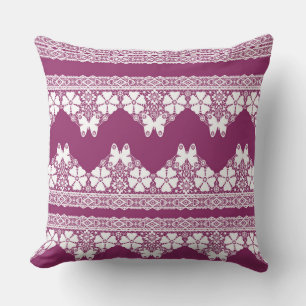 White Retro Lace  butterflies Burgundy Cushion