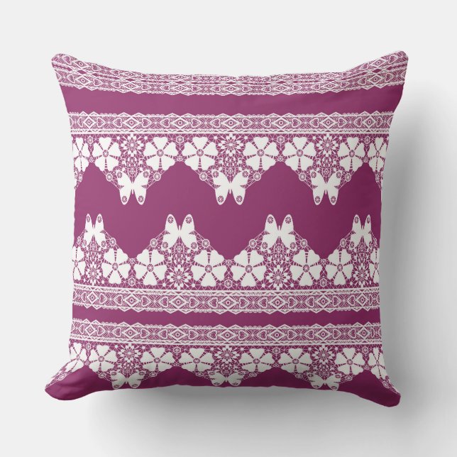 White Retro Lace  butterflies Burgundy Cushion (Front)
