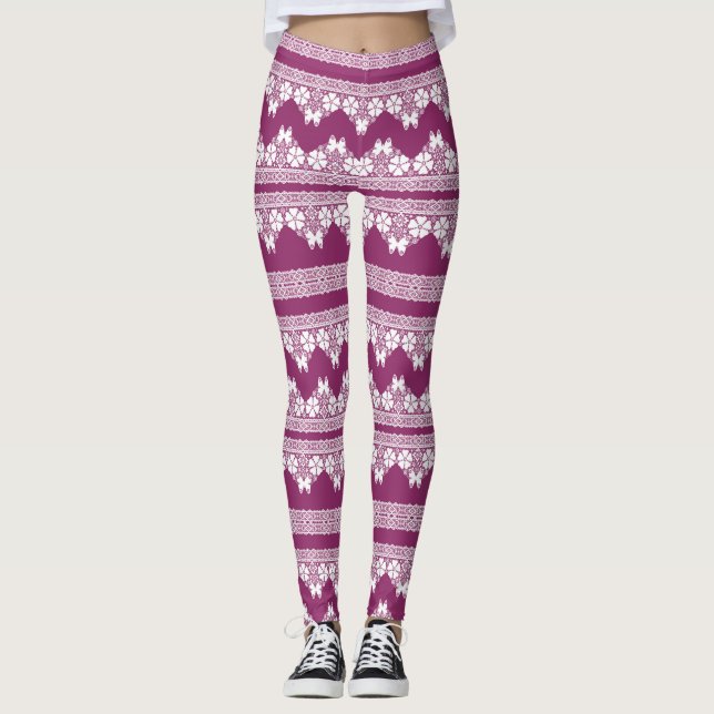 White Retro Lace  butterflies Burgundy Leggings (Front)