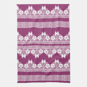 White Retro Lace butterflies Burgundy Tea Towel