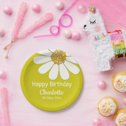 White Retro Modern Daisy Flower Custom Birthday    Paper Plate