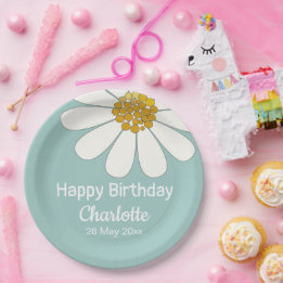 White Retro Modern Daisy Flower Custom Birthday    Paper Plate