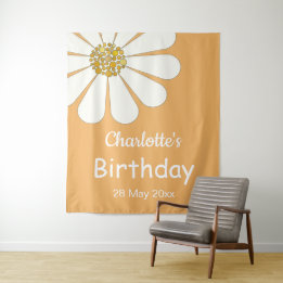 White Retro Modern Daisy Flower Custom Birthday    Tapestry