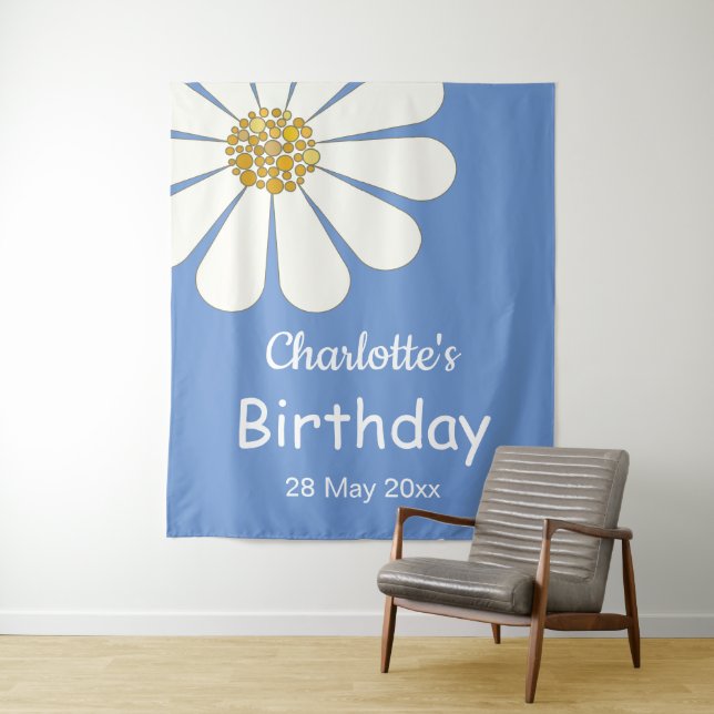 White Retro Modern Daisy Flower Custom Birthday    Tapestry (In Situ)