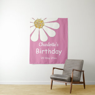 White Retro Modern Daisy Flower Custom Birthday Tapestry