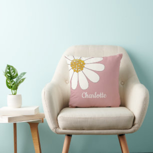 White Retro Modern Daisy Flower Custom Name  Cushion