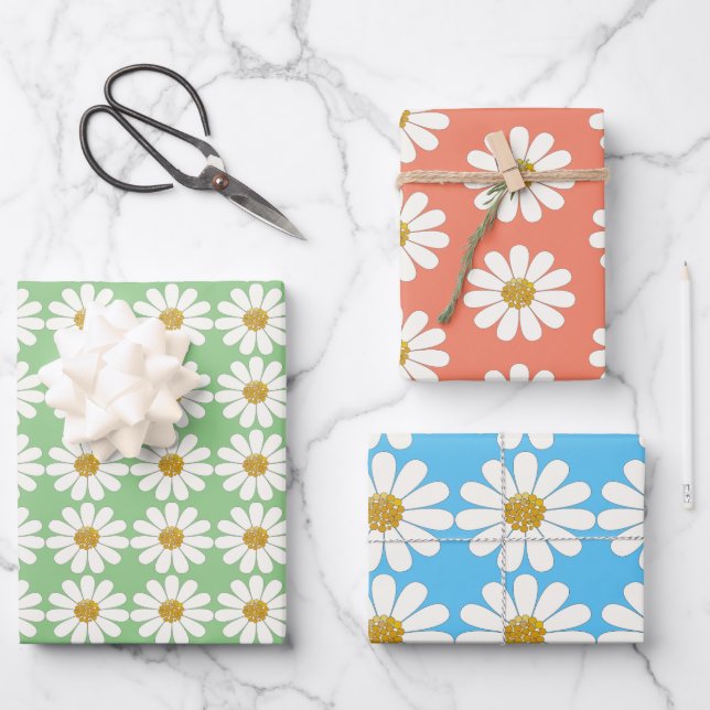 White Retro Modern Daisy Flower Pattern Custom    Wrapping Paper Sheet (Front)
