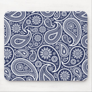 White Retro Paisley Pattern Design On dark-blue Mouse Pad
