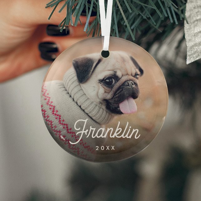 White Retro Script Pet Photo & Year Glass Tree Decoration (Creator Uploaded)