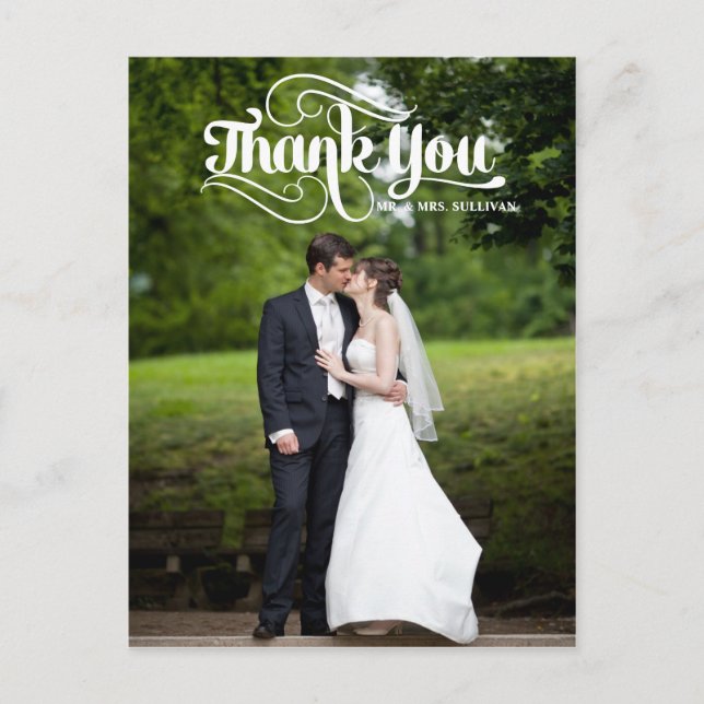 White Retro Script Wedding Thank You Postcard (Front)