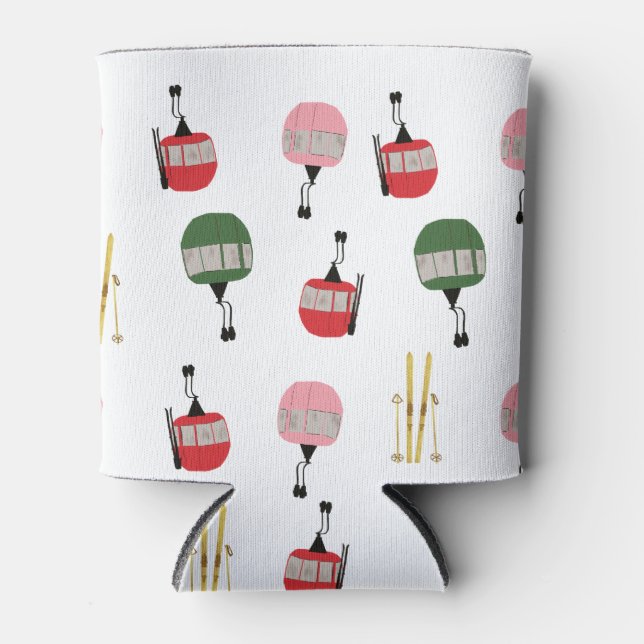 White Retro Ski Lift Gondola Winter Skiing  Can Cooler (Front)