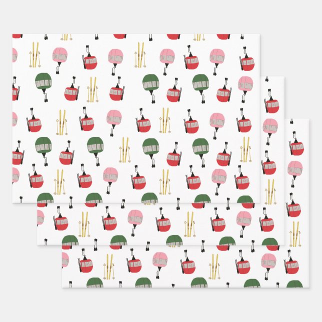White Retro Ski Lift Gondola Winter Skiing  Wrapping Paper Sheet (Set)