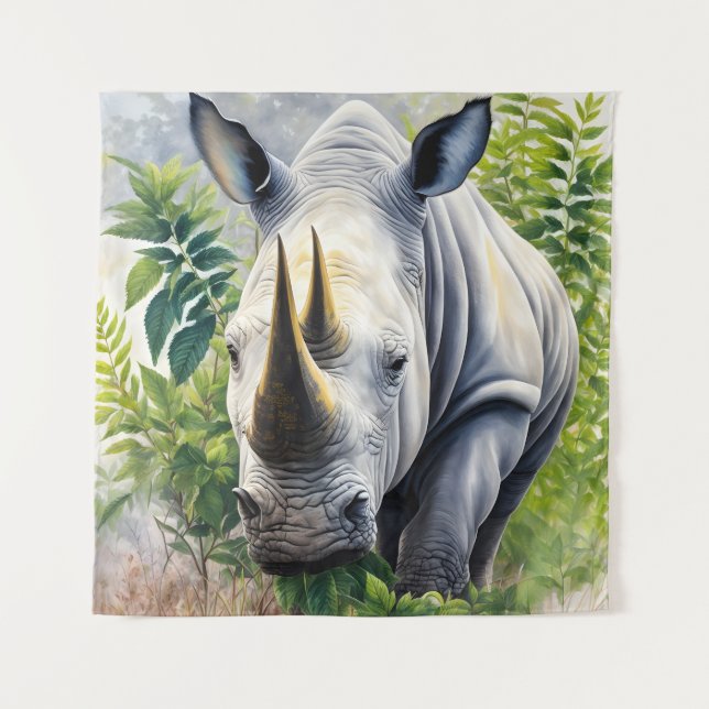 White Rhino Botanical Painting Tapestry (Front)