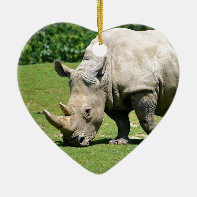 White rhinoceros grazing grass ceramic tree decoration (Front)