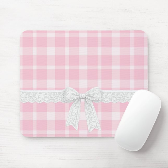 White Ribbon and Bow on Pink Plaid Mouse Pad (With Mouse)