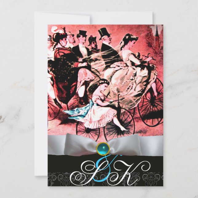 WHITE RIBBON AQUA BLUE BLACK DAMASK MONOGRAM INVITATION (Front)