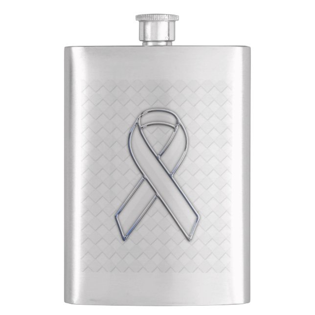White Ribbon Awareness on Checkers Print Hip Flask (Front)
