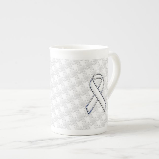 White Ribbon Awareness on Houndstooth Print Bone China Mug (Front Right)